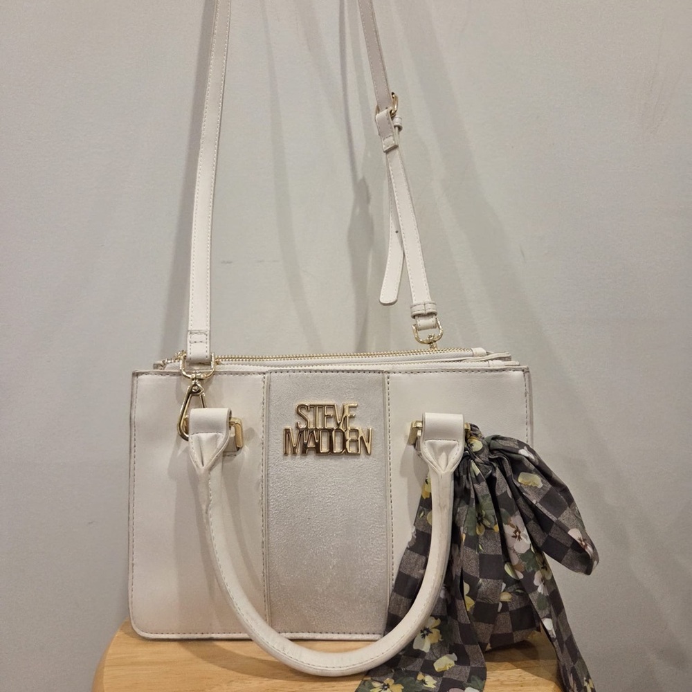Steve Madden White Leather Satchel with Gold Logo